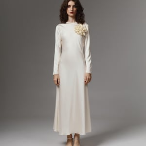 Ivory Satin Wedding Gown, Minimalist Modest Bridal Dress With Sleeves, Flowing Silhouette, 3D Floral Details, Custom Modern Wedding