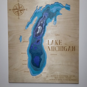 Layered Lake Michigan Map 3D Wooden Topographic Wall Art, Great Lakes Nautical Decor, Custom Lake Map Gift, Coastal Home Décor