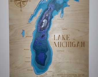Lake Michigian Map: 3D Hölzerne Topographische Nautische Wandkunst
