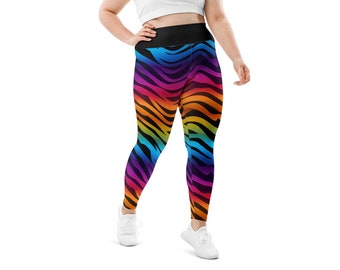 Leggings yoga - traspiranti, con stampa all-over nei colori dell'arcobaleno e strisce tigrate, taglia 2XL - 6XL, perfetti per il fitness e il tempo libero