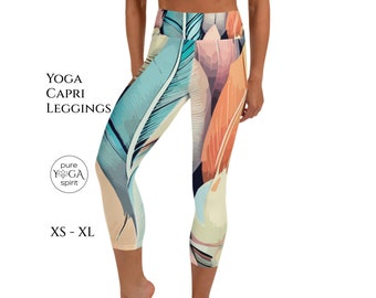 Yoga CAPRi Leggings, Yoga Biker Shorts oder Yoga Shorts mit Federn-Motiv, hoher Bund, für Fitness & Freizeit, Yoga Geschenk Frau, XS - XL