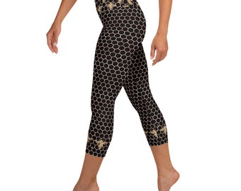 Legging Yoga Capri pour femme en imprimé abeille all-over, respirant, confortable, protection UV, pour l'entraînement et les loisirs, XS - XL, cadeau de yoga pour femme