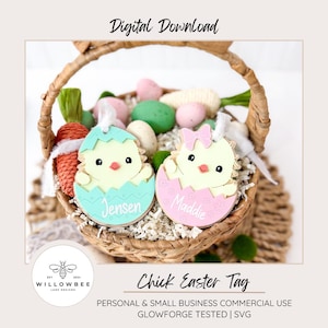 May include: Two chick-shaped Easter tags, one light blue and one pink, each with a name. The tags are inside a woven basket filled with Easter eggs and decorative items. The text "Digital Download" is at the top.