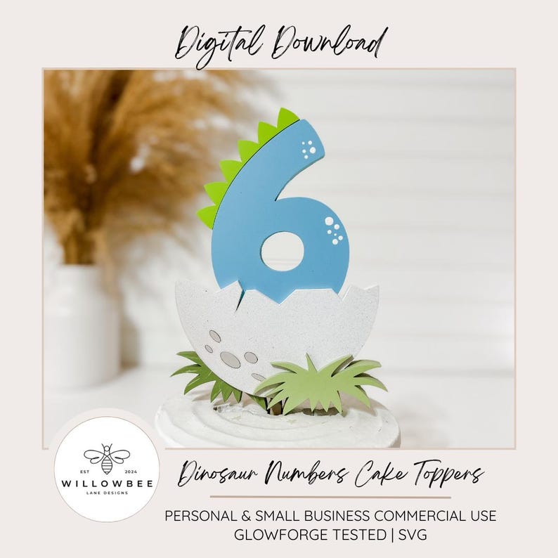 May include: A blue dinosaur cake topper shaped like the number six, with green spikes and white spots. The dinosaur is sitting in a white egg with green grass around it. The text "Dinosaur Numbers Cake Toppers" is below the image.