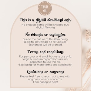 May include: A digital download only notice with the text "This is a digital download only. No physical items will be shipped out; digital file only. No refunds or exchanges. Due to the nature of this item being a digital download, no refunds or exchanges will be granted. Terms and conditions. For personal and small business use only. Large business/corporations are not permitted to use this file. *See listing for more terms and conditions*. Questions or concerns. Please feel free to reach out to me with any questions or concerns. I am happy to help!"