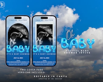 Invitación para baby shower, oh baby, invitación para baby shower azul, revelación de género, invitación de nube, plantilla digital, invitación digital, invitación para baby shower de niño