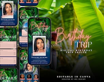 Invitación digital para viaje de cumpleaños, itinerario de viaje de chicas, itinerario de viaje, plantilla de itinerario de viaje de chicas, itinerario de viaje, fin de semana de cumpleaños