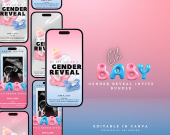 Paquete de invitaciones para revelar el género, revelación del género, invitación editable, invitación digital, revelación del género en rosa, invitación para baby shower, plantilla editable