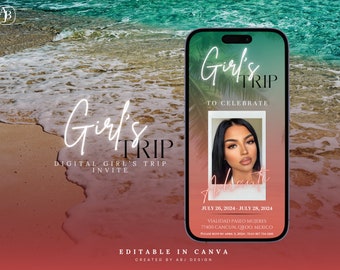 Invitación digital para viaje de chicas, itinerario de viaje de chicas, viaje a Tulum, tropical, plantilla de itinerario de viaje de chicas, itinerario de viaje, fin de semana de cumpleaños