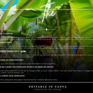 K&ouml;nnte beinhalten: Ein gr&uuml;ner und gelber Bananenblatt-Hintergrund mit einem wei&szlig;en Textfeld, das h&auml;ufig gestellte Fragen zu Canva enth&auml;lt. Der Text enth&auml;lt Fragen, ob Canva kostenlos ist, ob Canva Pro ben&ouml;tigt wird, ob Sie Ihre eigenen Fotos hinzuf&uuml;gen k&ouml;nnen, wie Sie die Vorlage nach der Bearbeitung senden und ob Sie die Vorlage drucken k&ouml;nnen. Das Textfeld enth&auml;lt auch den Text "Editable in Canva" und "Erstellt von ABJ Design".