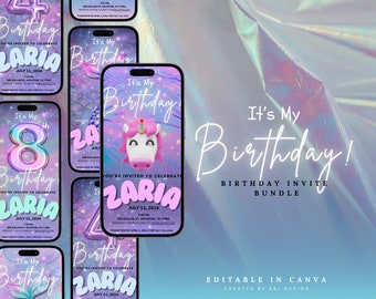 Invitación digital de cumpleaños de unicornio, invitación de cumpleaños de sirena, invitación de cumpleaños de unicornio editable, plantilla digital, cumpleañera, sirena