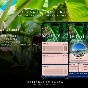 K&ouml;nnte beinhalten: Eine digitale Vorlage f&uuml;r eine Reise-Reiseroute mit tropischem Thema. Die Vorlage umfasst vier Seiten: eine Titelseite, Reisedetails, Reiseplan und eine Seite mit Fotos der Freundesgruppe. Die Vorlage ist in Canva bearbeitbar und enth&auml;lt den Text "The Schedule Details".