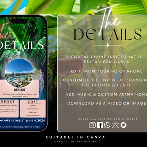 K&ouml;nnte beinhalten: Eine digitale Telefon-Einladungsvorlage mit tropischem Thema. Die Einladung ist in Canva bearbeitbar und enth&auml;lt Informationen zu einem Resort, Flughafen und Kosten. Der Text lautet "The Details" und "All money is due by June 4, 2024".