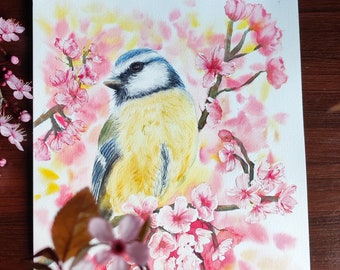 Blue Tit in Cherry Blossoms - Watercolor Painting