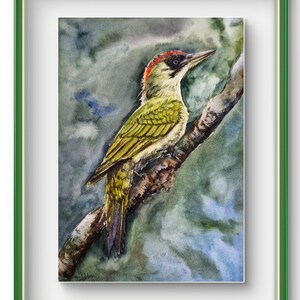 Original Green Woodpecker Watercolor Painting 8x11 Inch | European Bird Art | Woodland Wildlife Decor | Unique Gift for Birdwatchers