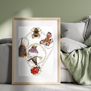 Pollinator Symphony, dipinto ad acquerello originale 11,8x15,7 pollici / Arte per la conservazione della fauna selvatica / Api, farfalle, pipistrelli, colibrì
