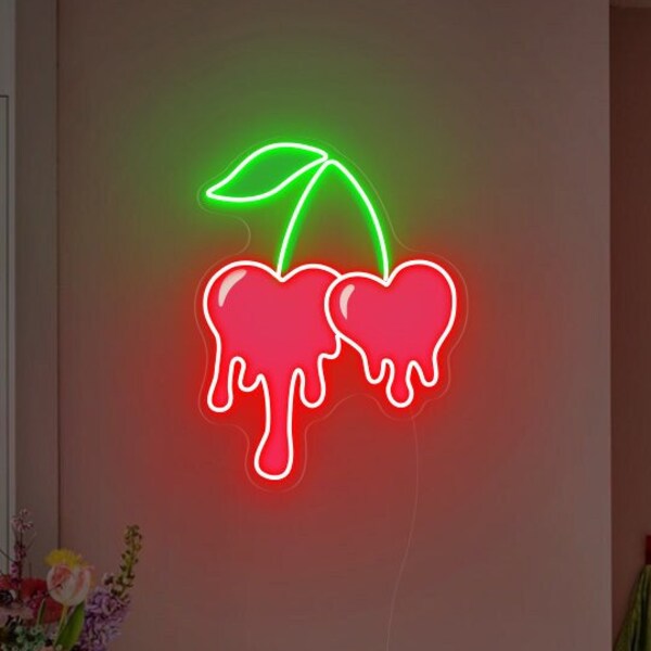 Freshies Cherries Neon Sign, Drip Heart Cherries, Dazzling disco ball, cherry fashionable decor, Soft Girl Bedroom Decor, Red Cute Cherry