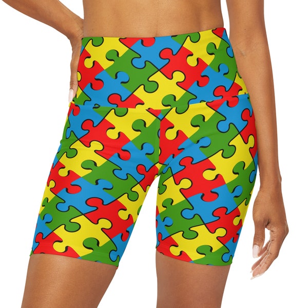 Autism Awareness High Waist Yoga Shorts (Black Background)