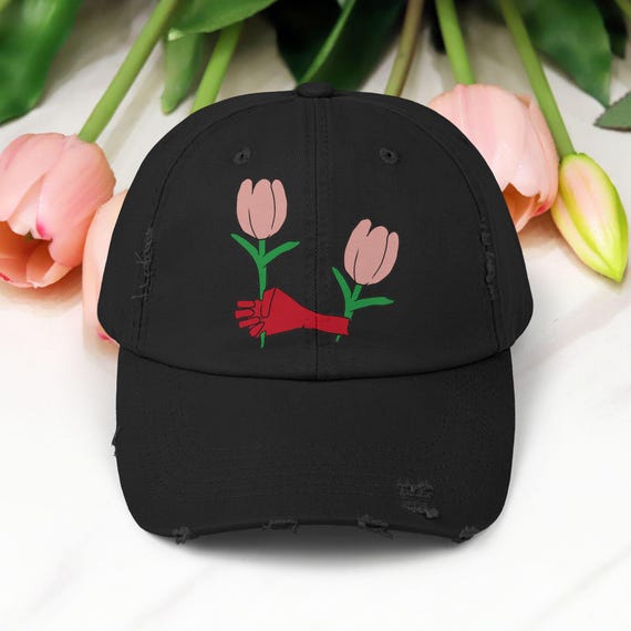 Summer's Red Hand Tulip Unisex Distressed Cap | Pink Tulip Hat | Art Inspired Hat | Summer Flower Hat | Kids Art Hat | Unique Autism Gift