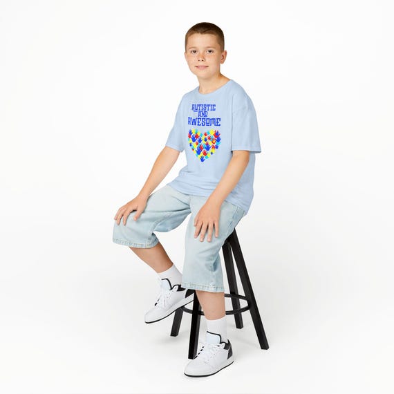 Autistic and Awesome Kids T-Shirt | Heavy Cotton Crewneck Tee | Autism Acceptance Shirt | Inclusive Heart Hands Design