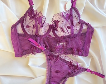 Ensemble de lingerie en dentelle violette séduisante, cadeau pour la Saint-Valentin, ensemble soutien-gorge et culotte en résille, S-XL, cadeau pour femme