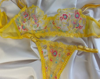 Yellow Flower Lingerie Set, Valentine's Day Gift, Floral Patterns, Mesh Bra and Panty Set, S-XL, Gift For Woman