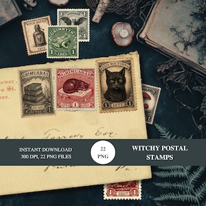Witchy Post Digitale Briefmarken Set Vintage Okkulte Ephemera Faux Porto Clipart für Junk Journals, Grimoire Printable Magic Scrapbooking