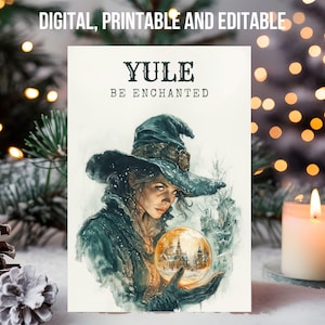 YULE Be Enchanted Christmas gift card Digital Magical Holiday Greetings Wheel of the Year Printable Wiccan Editable Canva template Print