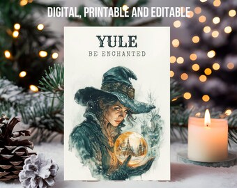 YULE Be Enchanted Christmas gift card Digital Magical Holiday Greetings Wheel of the Year Printable Wiccan Editable Canva template Print