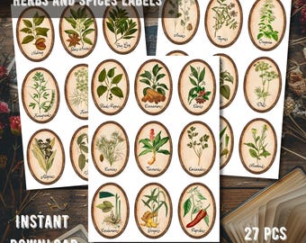 Etiquetas de boticario vintage con hierbas y especias / 27 etiquetas de tarros antiguos con diseño digital imprimible para botellas, plantilla de Canva con calcomanías editables para hacer uno mismo