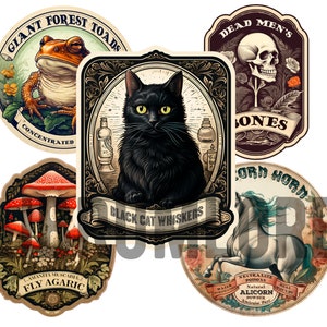 May include: Five vintage-style labels with illustrations and text. The labels are round and feature images of a toad, a black cat, a skull, a unicorn, and mushrooms. The text on the labels includes "Giant Forest Toads", "Dead Men's Bones", "Black Cat Whiskers", "Unicorn Horn", and "Fly Agaric".