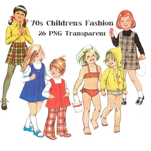 Op de afbeelding: Een set van 26 digitale illustraties van kindermode uit de jaren 70. De illustraties zijn in vintage stijl en tonen een verscheidenheid aan kleding stijlen, waaronder jurken, rokken, broeken en shirts. De illustraties zijn allemaal in PNG-formaat en hebben transparante achtergronden.