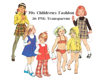 Vintage 70s Fussy Cut Children Fashion High Quality Images 26 pcs Clothing Clipart PNG Transparent Ephemera Paper Dolls