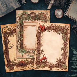 May include: Three printable digital papers with a vintage aesthetic featuring intricate illustrations of vines, leaves, and branches surrounding a blank space for writing. The papers are perfect for scrapbooking, journaling, or crafting.