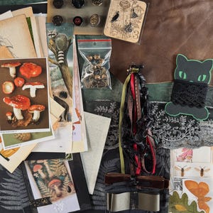 Op de afbeelding: Een verzameling vintage ephemera en knutselbenodigdheden, waaronder botanische illustraties van paddenstoelen, kant, linten, knopen en een katvormig label. Het kleurenpalet omvat groen, bruin en rood, wat een grillige, door de natuur geïnspireerde esthetiek creëert.