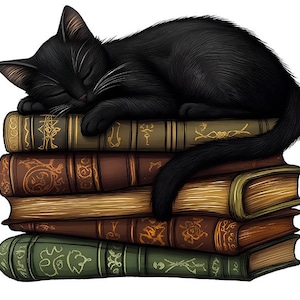 Cat sleeping on magical books clipart PNG transparent 3 different images