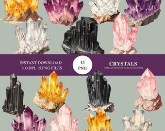 Può includere: Una collezione di 15 illustrazioni scientifiche vintage di cristalli. I cristalli sono rappresentati in vari colori, tra cui viola, rosa, giallo, bianco e nero. Le illustrazioni sono dettagliate e realistiche e sarebbero perfette per l'uso in una varietà di progetti, come lo scrapbooking, la creazione di biglietti o la progettazione digitale.