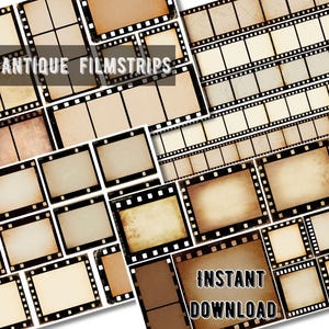 May include: Antique filmstrip frames with a vintage, aged look. The frames are arranged in a grid pattern and have a black and white border. The text "Antique Filmstrips" and "Instant Download" is visible in the image.
