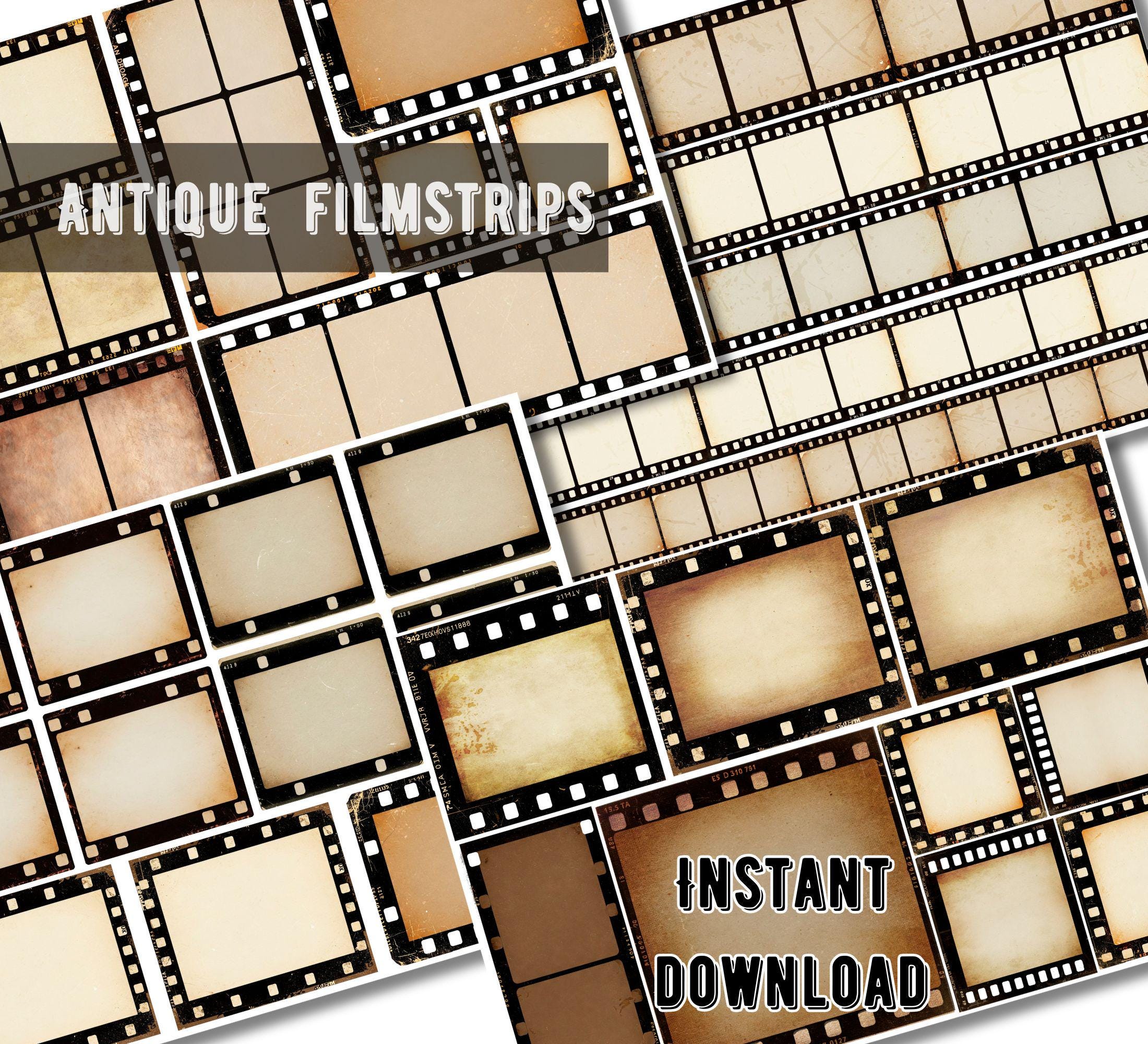 Antique Grunge Film Strips Clipart Filmstrip Stickers, Digital Illustrations, Gothic Printable Art, PNG, Vintage Photo, Crafts, DIY Projects