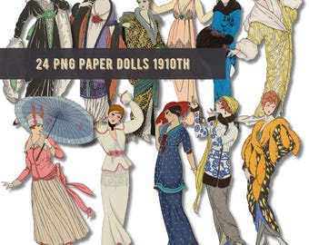 24 Stück Vintage 1910th Edwardian Französisch Fussy Schnitt Frauen Mode Hochwertige Bilder Kleidung Clipart Ephemera Viktorianische Papierpuppen PNG PDF