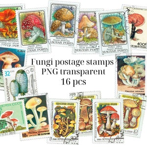 Schimmels postzegels PNG met transparante achtergrond clipart + PDF afdrukbare Ephemera 16 pc's