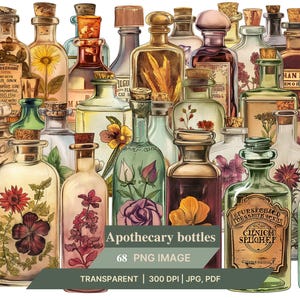 May include: A collection of vintage apothecary bottles with cork stoppers, featuring floral and botanical illustrations. The bottles vary in shape, size, and color, with labels and decorative elements. The image includes the text "Apothecary bottles".