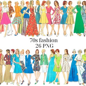 Vintage 70er Jahre Fussy Schnitt Frauen Mode hochwertige Bilder 26 Stück Kleidung Clipart PNG transparente Ephemera Papierpuppen