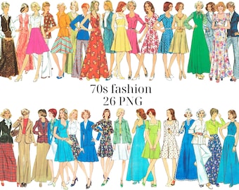 Vintage 70s Fussy Cut Mujeres Moda Imágenes de alta calidad 26 piezas Ropa Clipart PNG Transparente Ephemera Paper Dolls