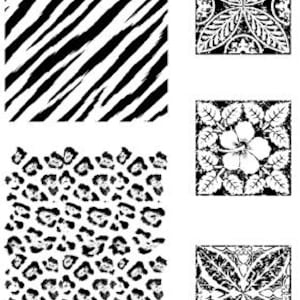 May include: Four black and white digital stamp designs. The top left design is a zebra stripe pattern. The top right design is a floral pattern with a four-leaf clover in the center. The bottom left design is a leopard print. The bottom right design is a floral pattern with a hibiscus flower in the center.