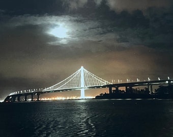 The New Bay Bridge With Full Moon, San Francisco, California. Unique Fine Art Matted Photographic Print by Philip Rowntree.