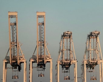 Four Cranes at Dusk, Port of Oakland, Oakland, California. Unique Fine Art Matted Photographic Print by Philip Rowntree.