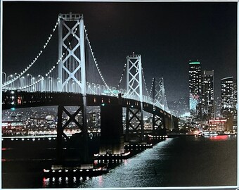 The Bay Bridge and The City at Night, San Francisco, California. Unique Fine Art Photographic Matted Print by Phil Rowntree.