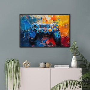 May include: A blue video game controller painted in a colorful abstract style with yellow, orange, red, and blue paint strokes.