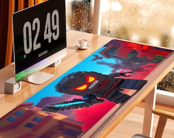 May include: A blue and red gaming mouse pad with a cartoon image of a robot holding a weapon. The robot has glowing red eyes and is standing in front of a city skyline.